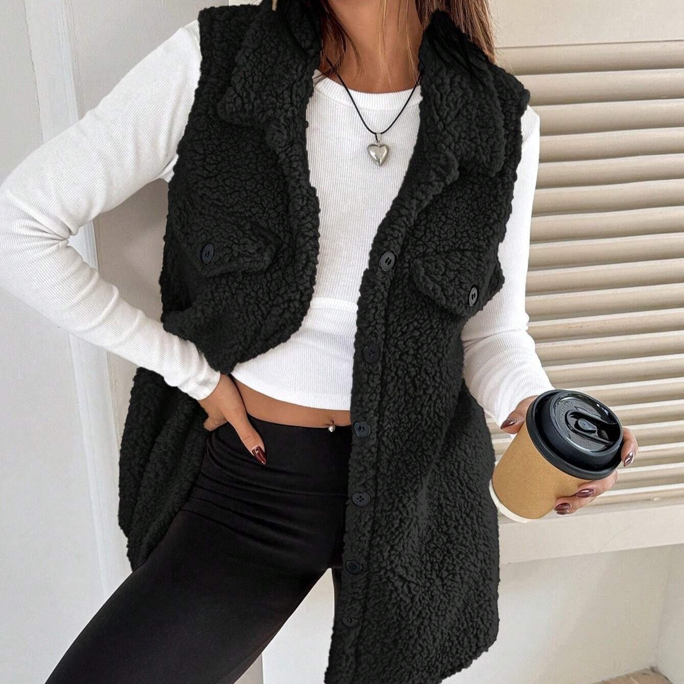 Lapels Open Button Plush Vest Cardigan - Image 9