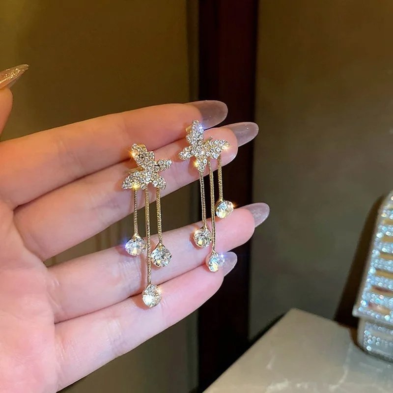 Fashion Jewelry Shiny Butterfly Rhinestone Drop Dangle Earrings Women Elegant Long Pearl Tassel Chain Pendant Party Jewelry - Image 5