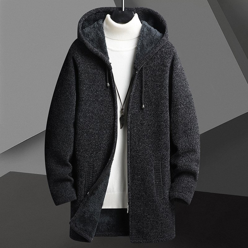 Fall Winter Men Fleece-lined Mid-length Zipper Hooded Sweater Cardigan - Image 4