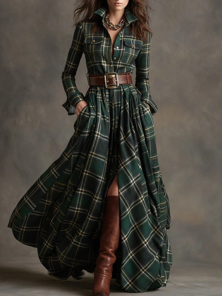 Ins Plaid Print Long-Sleeved Dress Fashion Pockets Collared Buttons Shirt Long Dresses Retro Women's Clothing - Image 8
