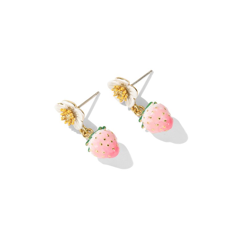 Enamel Strawberry Silver Needle Earrings For Women - Image 6