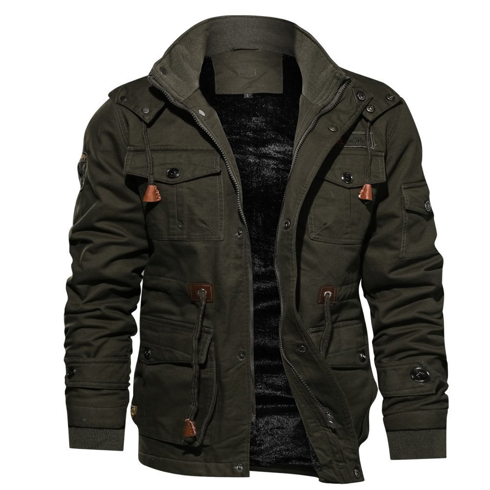 Winter Zip-up Coat Warm Thickened Detachable Hooded Jacket Multi-pocket Button Drawstring Long Sleeve Tops Men's Cargo Clothing - Image 7