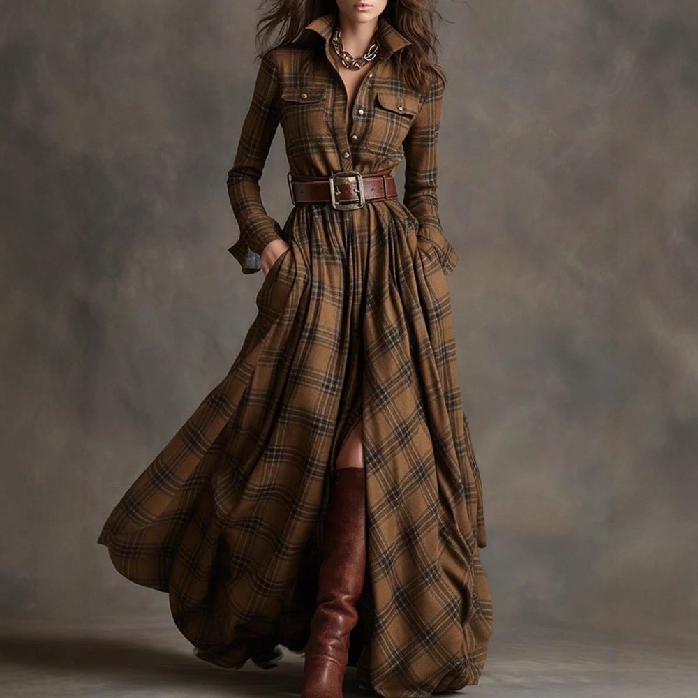 Ins Plaid Print Long-Sleeved Dress Fashion Pockets Collared Buttons Shirt Long Dresses Retro Women's Clothing - Image 4