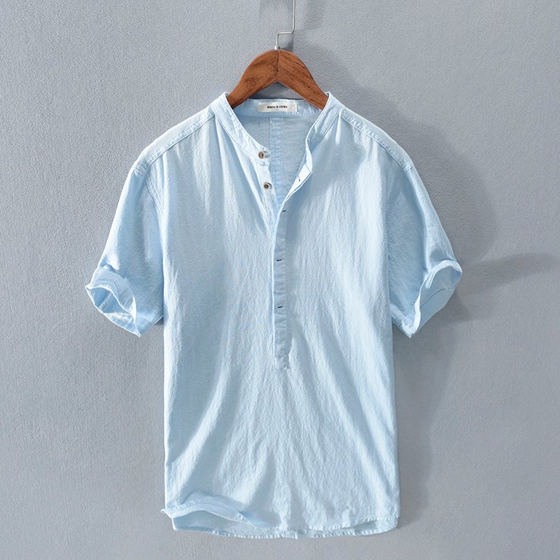 Men's Stand Collar Japanese Ice Silk Linen Short Sleeve T-shirt - Image 3