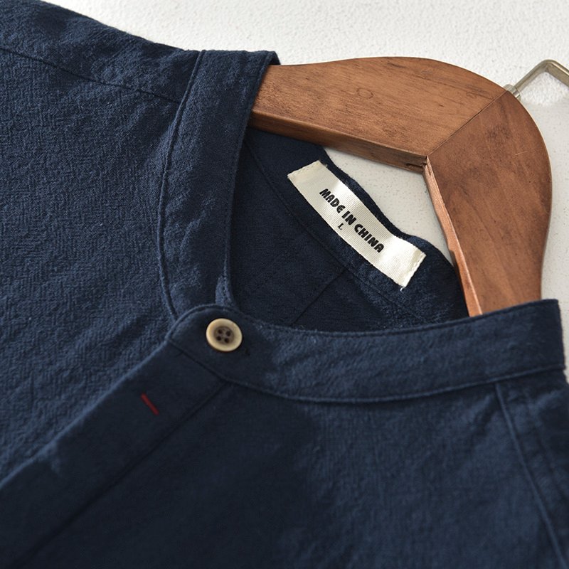 Men's Stand Collar Japanese Ice Silk Linen Short Sleeve T-shirt - Image 5