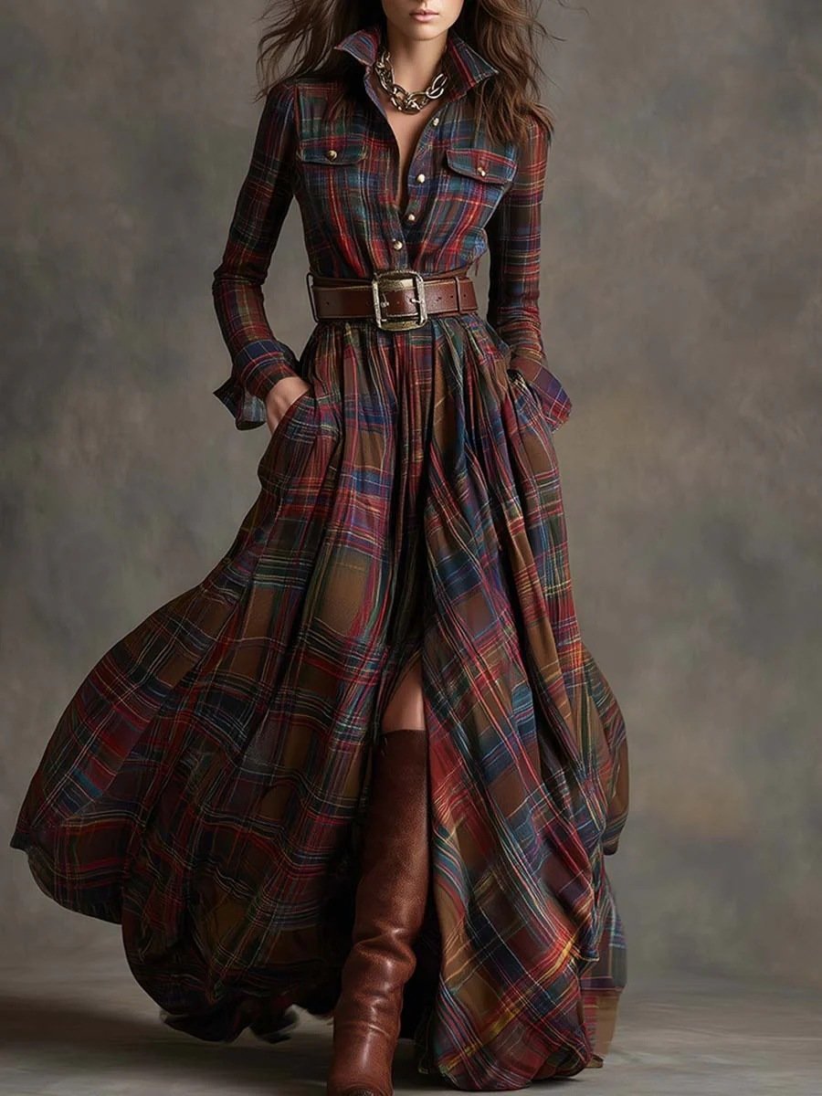 Ins Plaid Print Long-Sleeved Dress Fashion Pockets Collared Buttons Shirt Long Dresses Retro Women's Clothing - Image 7