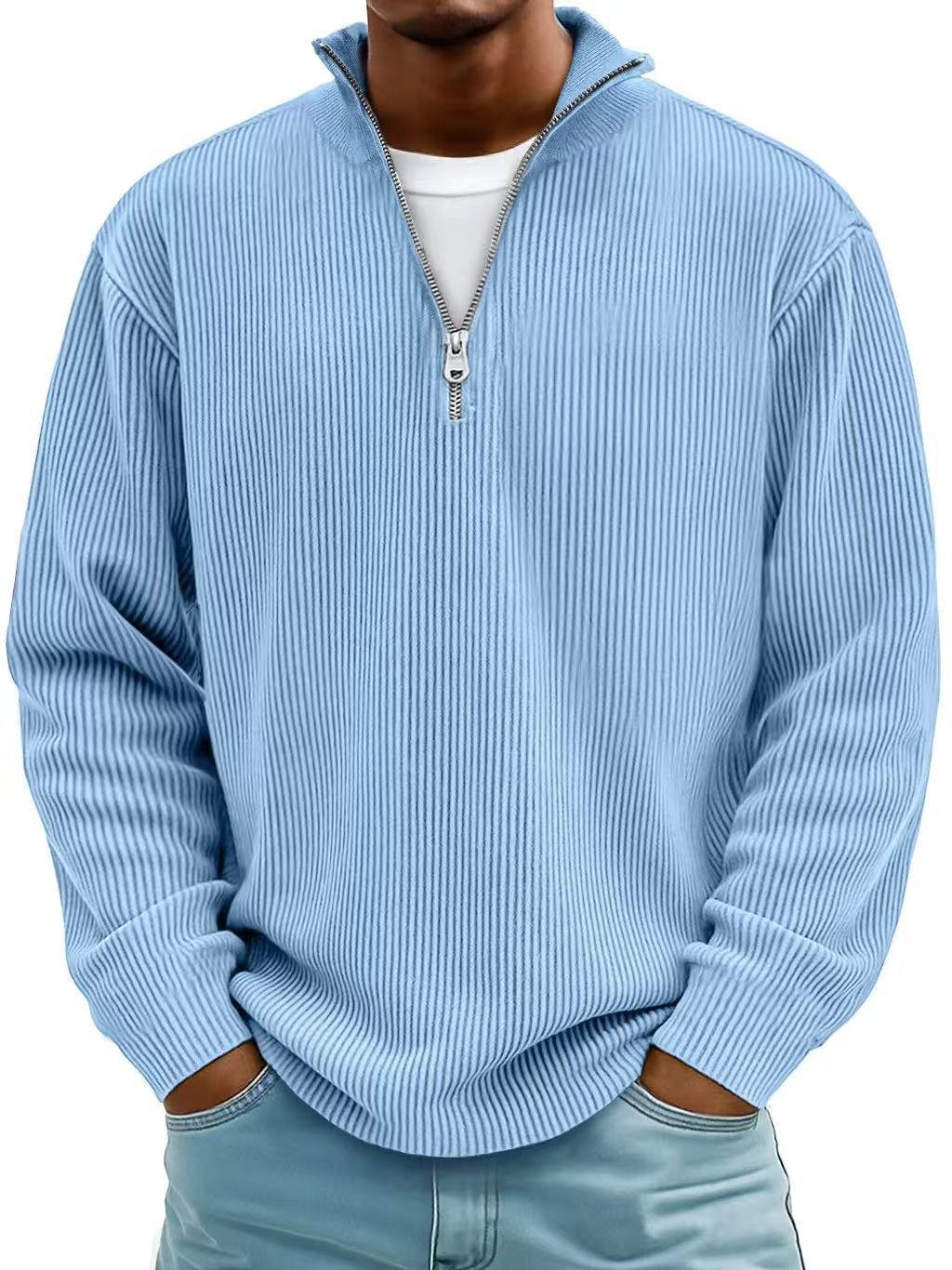 Corduroy Zipper Stand Collar Sweatshirt Fashion Warm Solid Color Long Sleeve Top Men's Casual Polo Shirt Clothing - Image 9