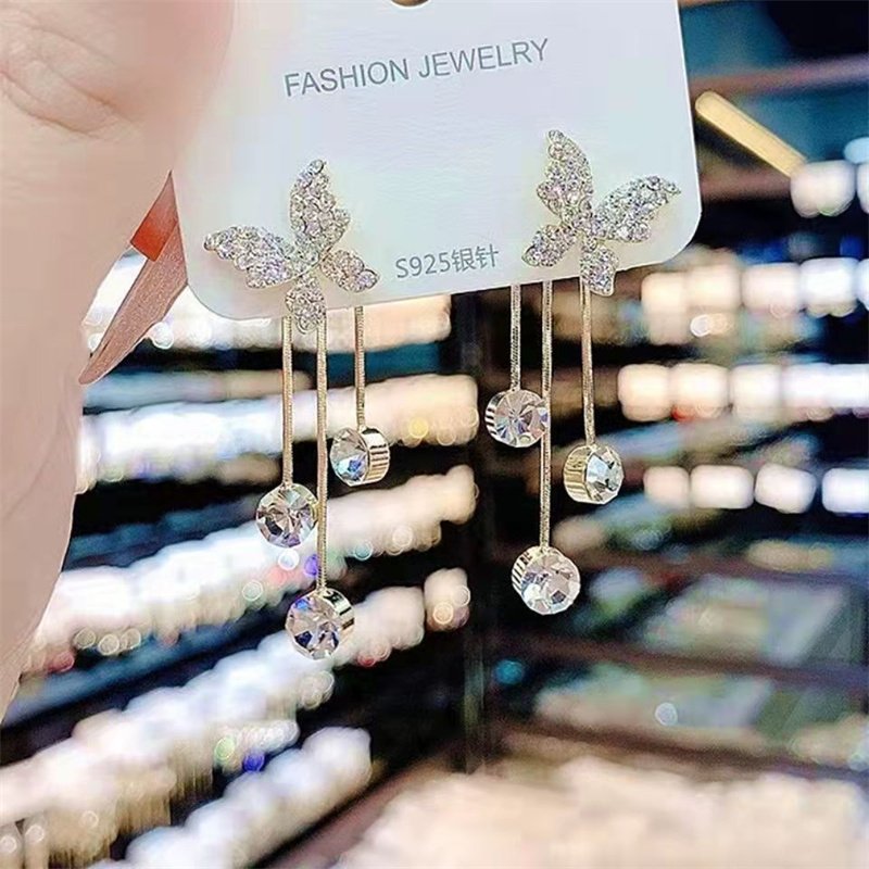 Fashion Jewelry Shiny Butterfly Rhinestone Drop Dangle Earrings Women Elegant Long Pearl Tassel Chain Pendant Party Jewelry - Image 3