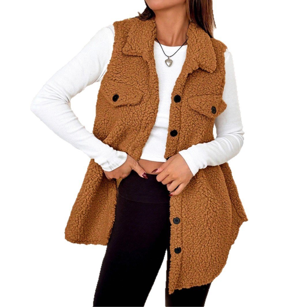 Lapels Open Button Plush Vest Cardigan - Image 5