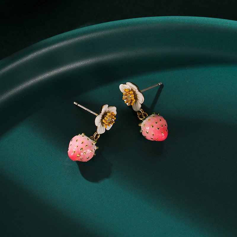 Enamel Strawberry Silver Needle Earrings For Women - Image 3