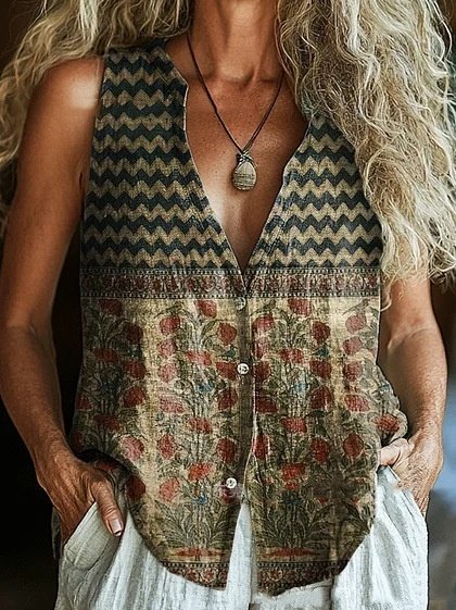 Spring New Trendy Button Vest Vintage Floral V-neck Shirt - Image 7