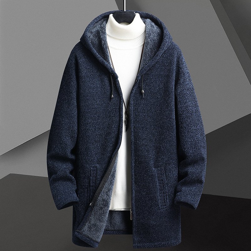 Fall Winter Men Fleece-lined Mid-length Zipper Hooded Sweater Cardigan - Image 5