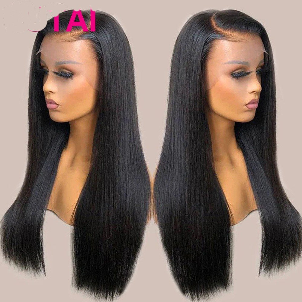 Real Human Hair Lace Wig Set Straight Hair Black Medium Length - Image 2
