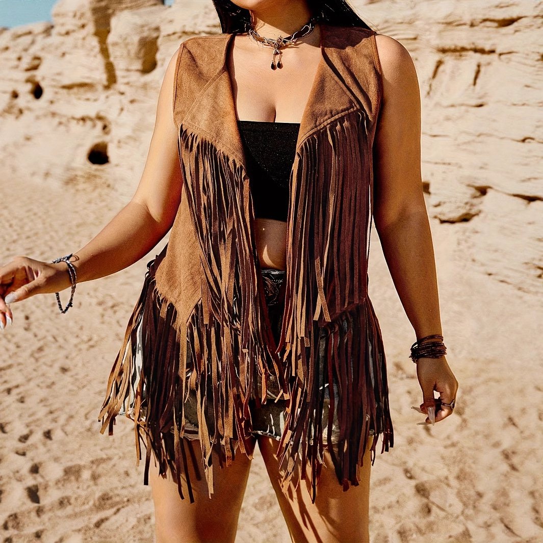 Women's Retro Tassel Sleeveless Lapel Jacket - Image 4