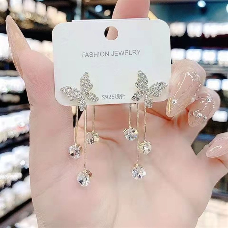 Fashion Jewelry Shiny Butterfly Rhinestone Drop Dangle Earrings Women Elegant Long Pearl Tassel Chain Pendant Party Jewelry - Image 4