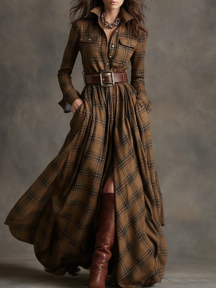 Ins Plaid Print Long-Sleeved Dress Fashion Pockets Collared Buttons Shirt Long Dresses Retro Women's Clothing - Image 9