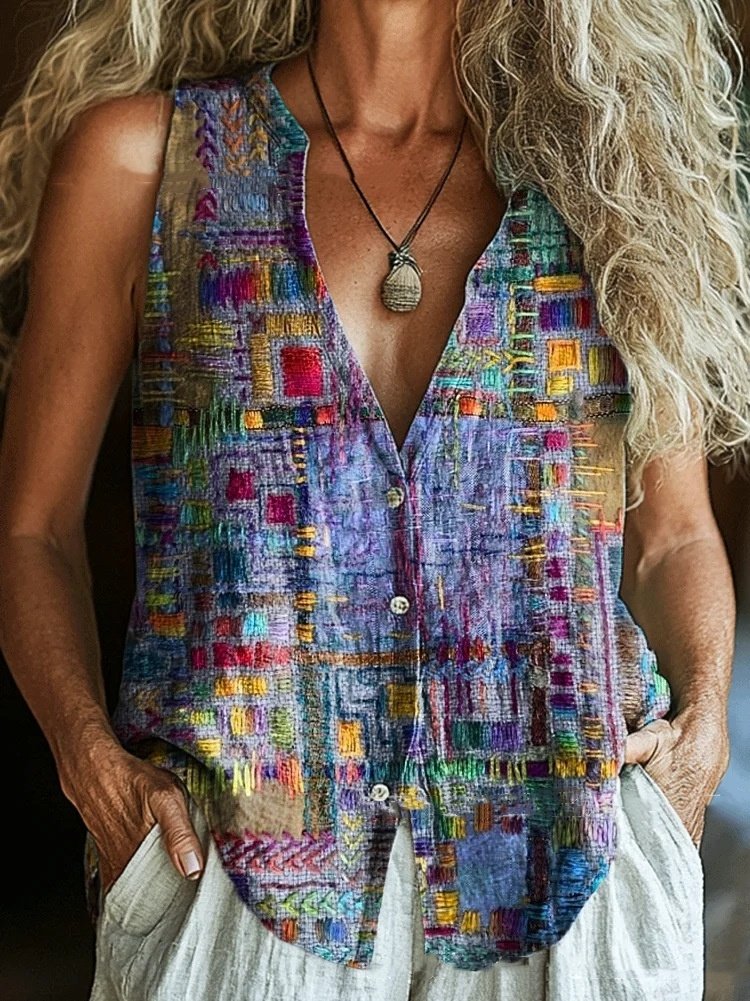 Spring New Trendy Button Vest Vintage Floral V-neck Shirt - Image 3
