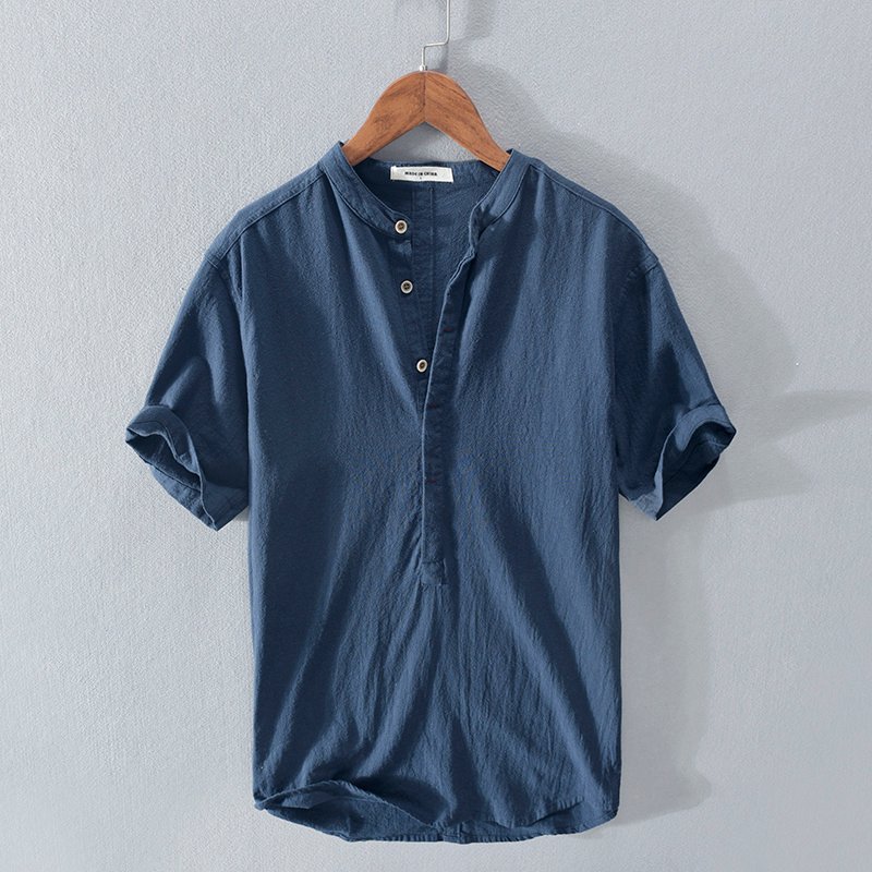 Men's Stand Collar Japanese Ice Silk Linen Short Sleeve T-shirt - Image 2