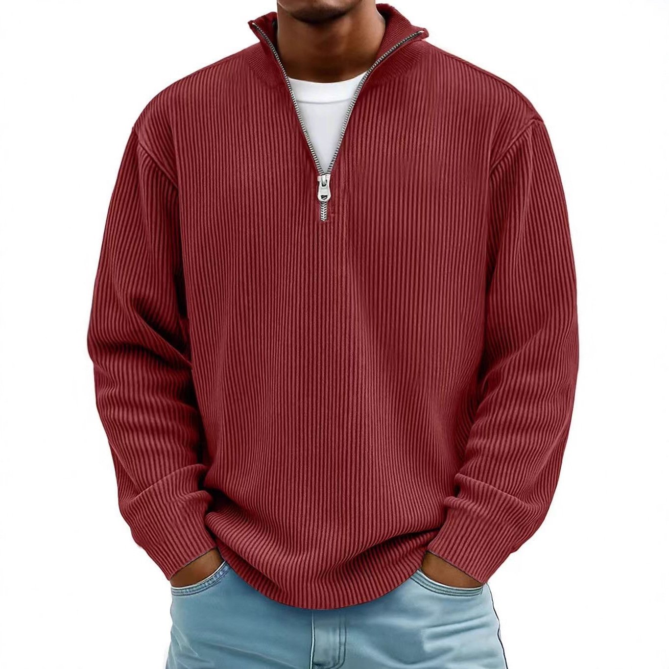 Corduroy Zipper Stand Collar Sweatshirt Fashion Warm Solid Color Long Sleeve Top Men's Casual Polo Shirt Clothing - Image 7