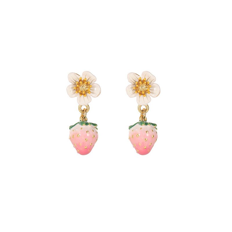 Enamel Strawberry Silver Needle Earrings For Women - Image 5