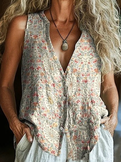 Spring New Trendy Button Vest Vintage Floral V-neck Shirt - Image 6