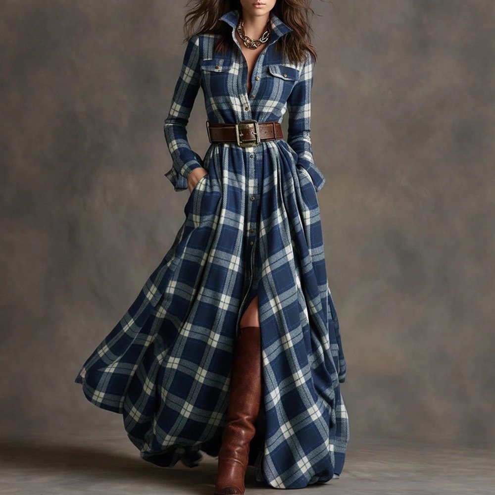 Ins Plaid Print Long-Sleeved Dress Fashion Pockets Collared Buttons Shirt Long Dresses Retro Women's Clothing - Image 2