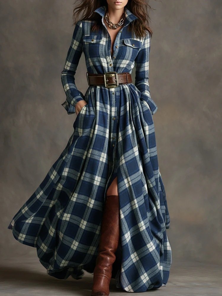 Ins Plaid Print Long-Sleeved Dress Fashion Pockets Collared Buttons Shirt Long Dresses Retro Women's Clothing - Image 10