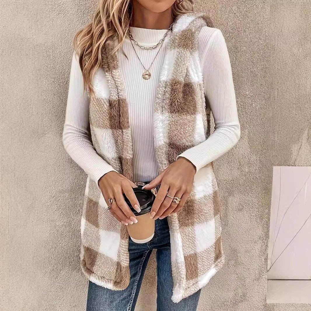 Fashion Elegant Cardigan Two-tone Plaid Hooded Women's Plush Vest Coat - Image 4
