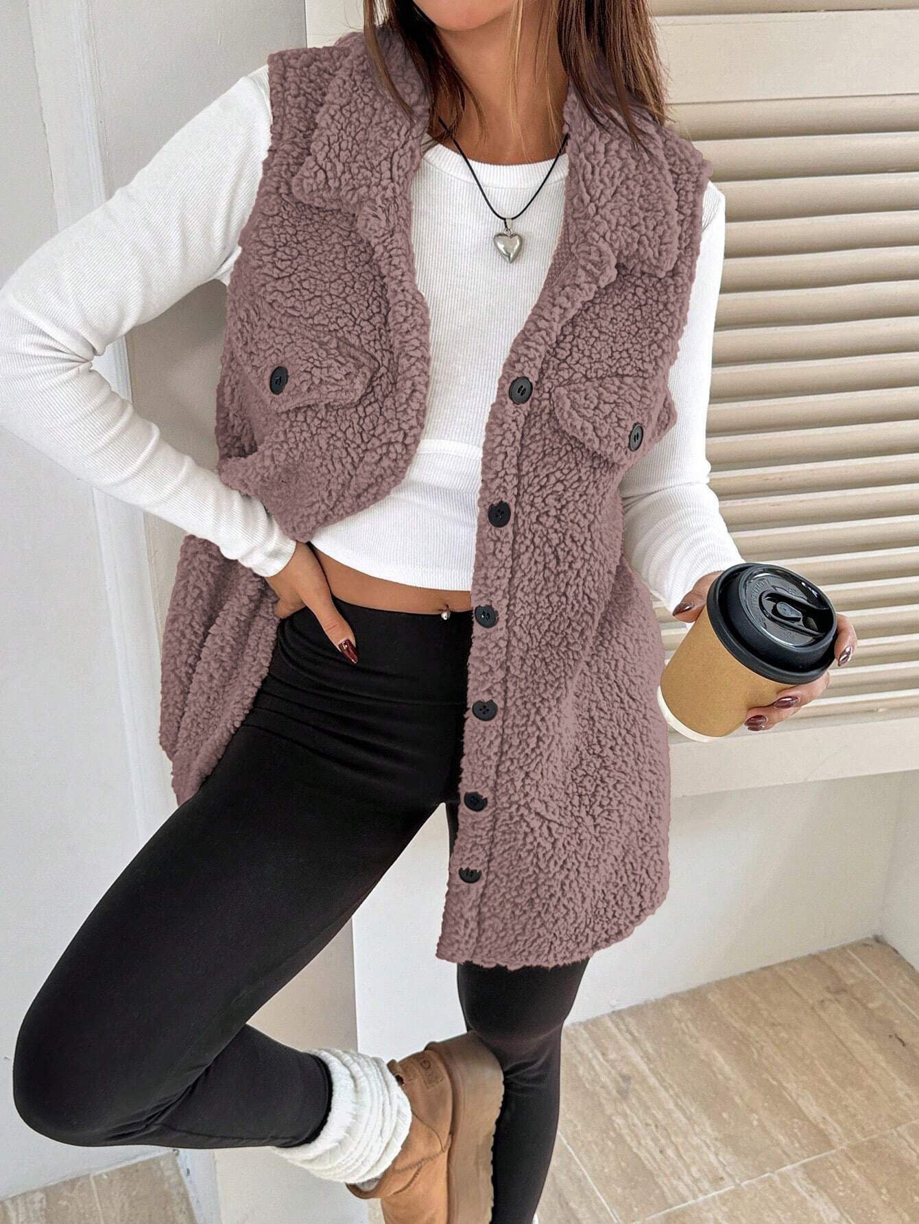 Lapels Open Button Plush Vest Cardigan - Image 10