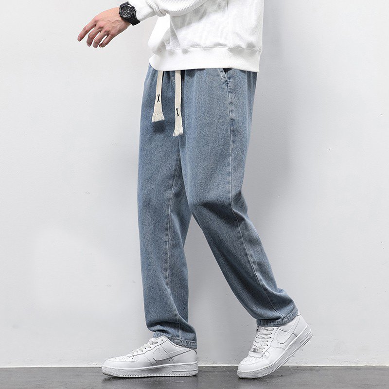 Summer Loose Wide Leg Jeans Pants Men Fashion Drawstring Elasticated Straight Trousers - Image 2