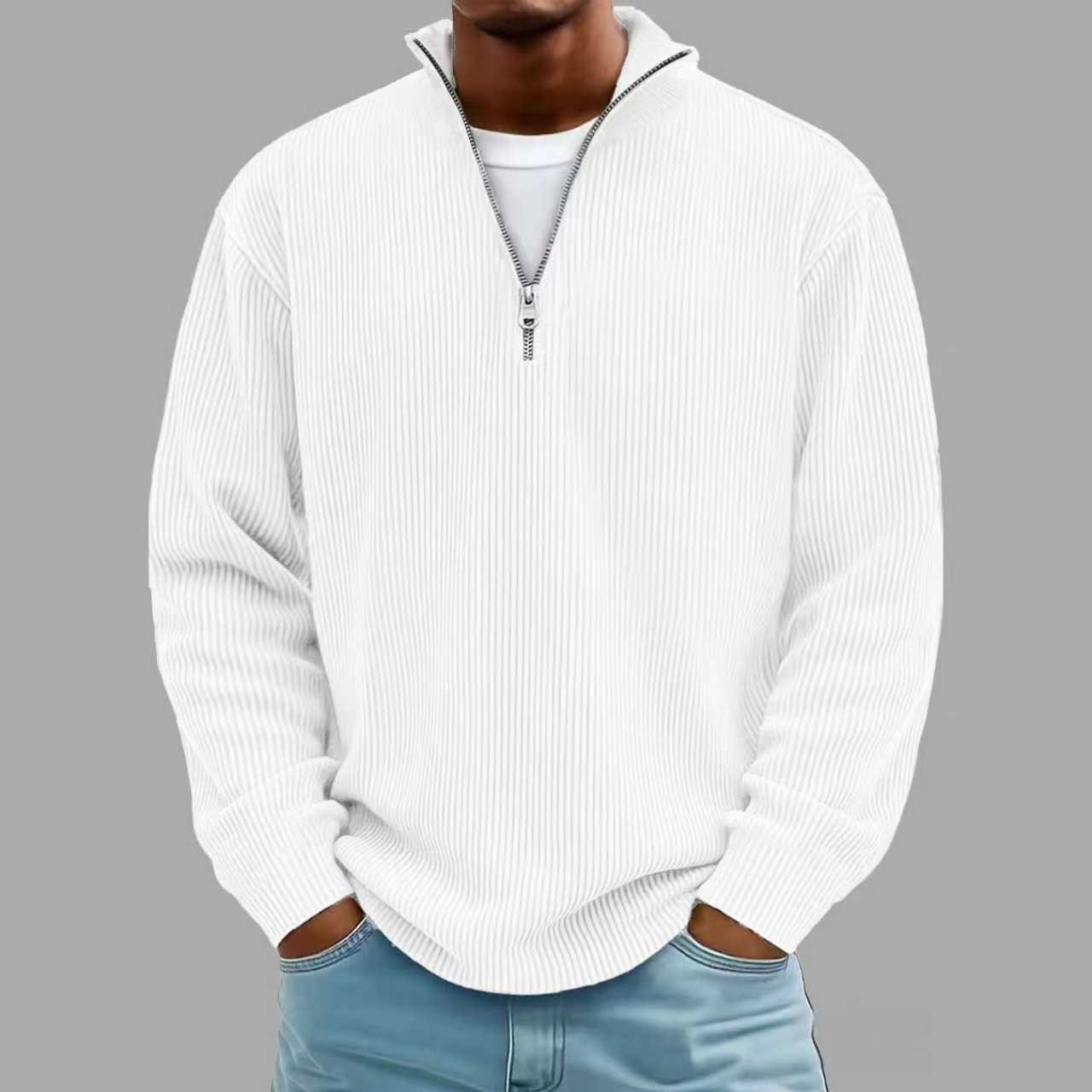 Corduroy Zipper Stand Collar Sweatshirt Fashion Warm Solid Color Long Sleeve Top Men's Casual Polo Shirt Clothing - Image 2