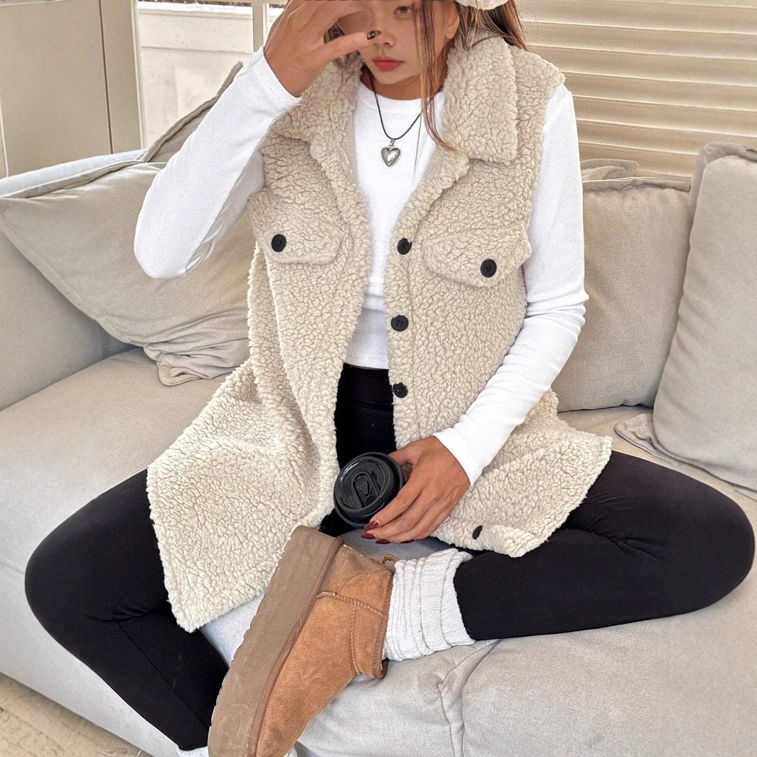 Lapels Open Button Plush Vest Cardigan - Image 3
