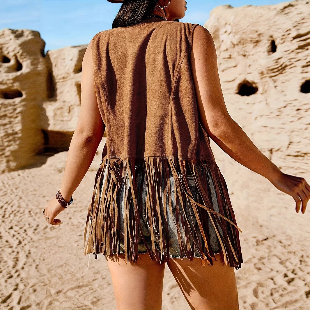 Women's Retro Tassel Sleeveless Lapel Jacket - Image 2