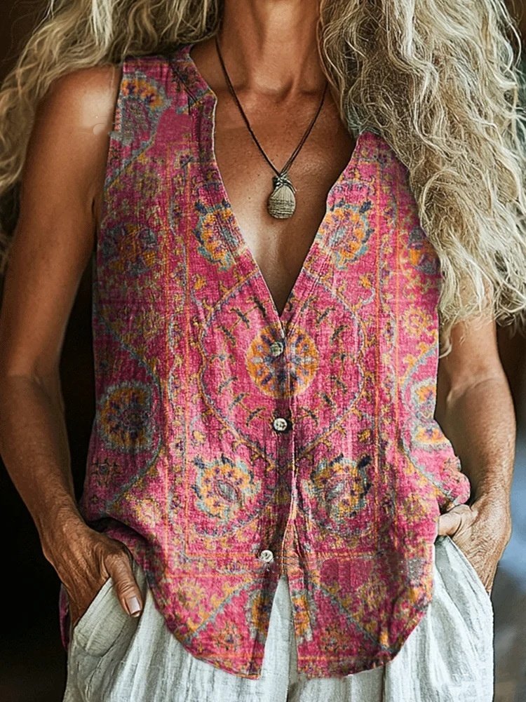 Spring New Trendy Button Vest Vintage Floral V-neck Shirt - Image 4