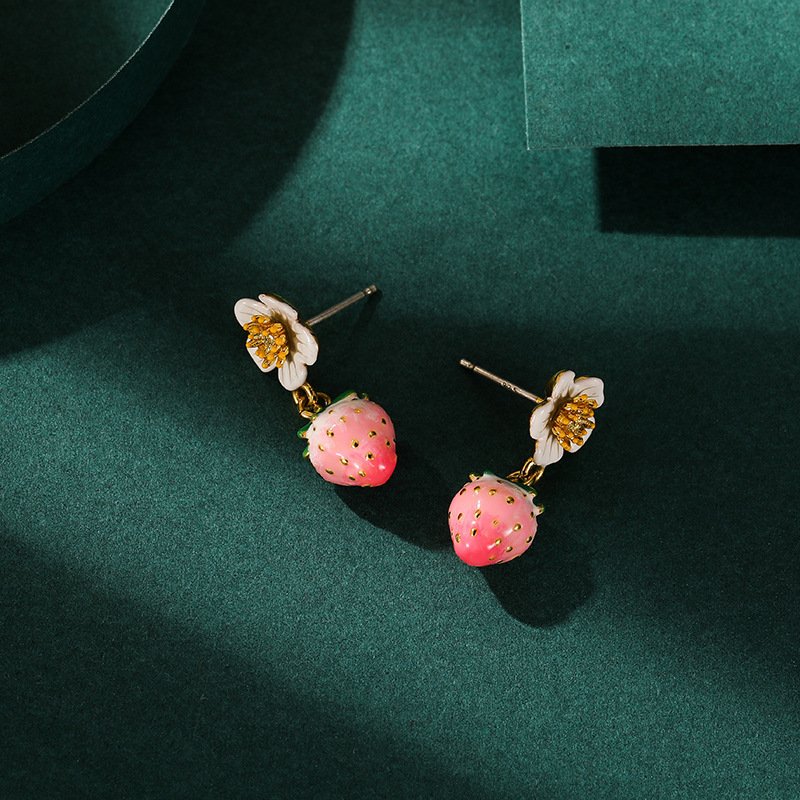 Enamel Strawberry Silver Needle Earrings For Women - Image 4