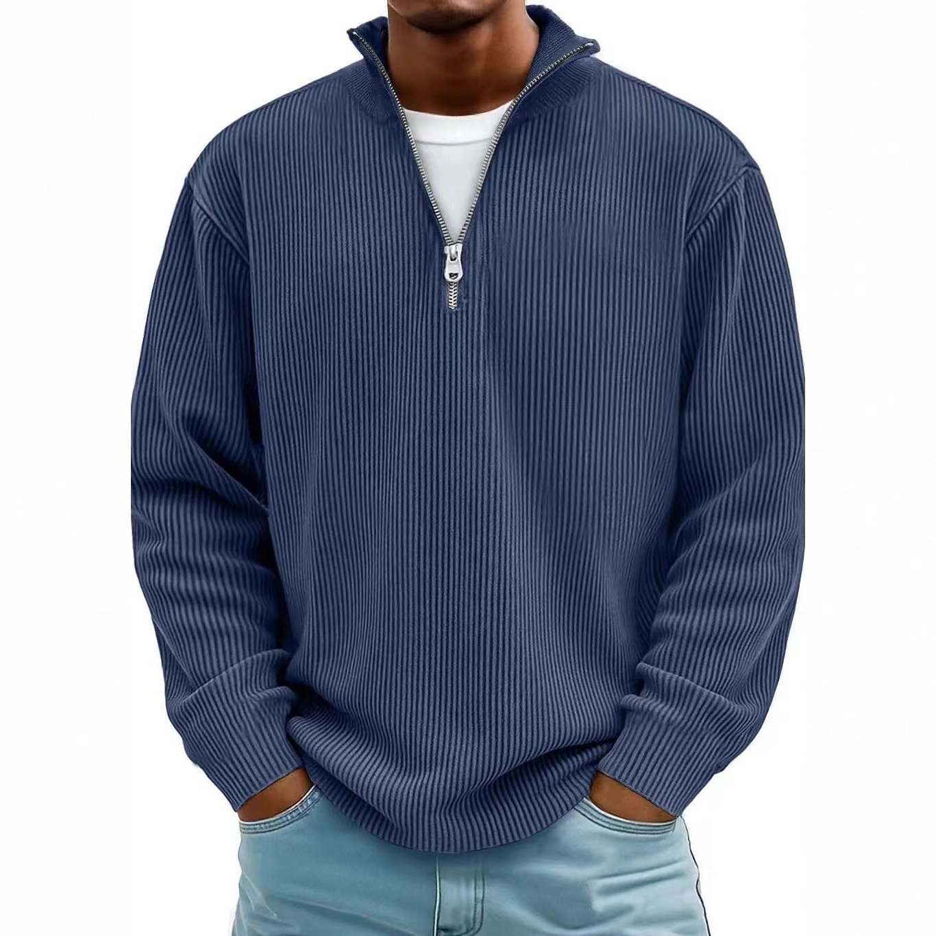 Corduroy Zipper Stand Collar Sweatshirt Fashion Warm Solid Color Long Sleeve Top Men's Casual Polo Shirt Clothing - Image 4