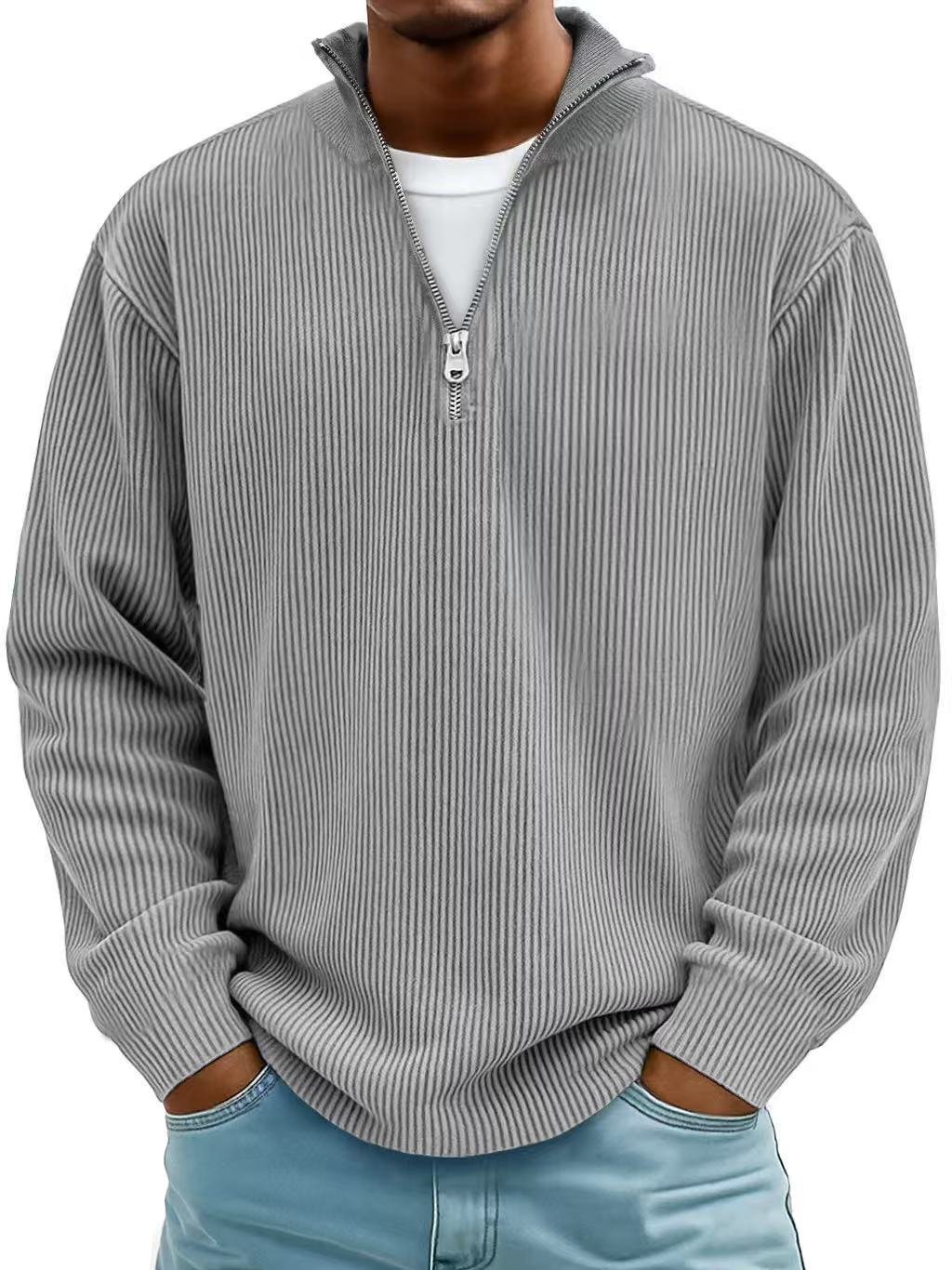 Corduroy Zipper Stand Collar Sweatshirt Fashion Warm Solid Color Long Sleeve Top Men's Casual Polo Shirt Clothing - Image 3