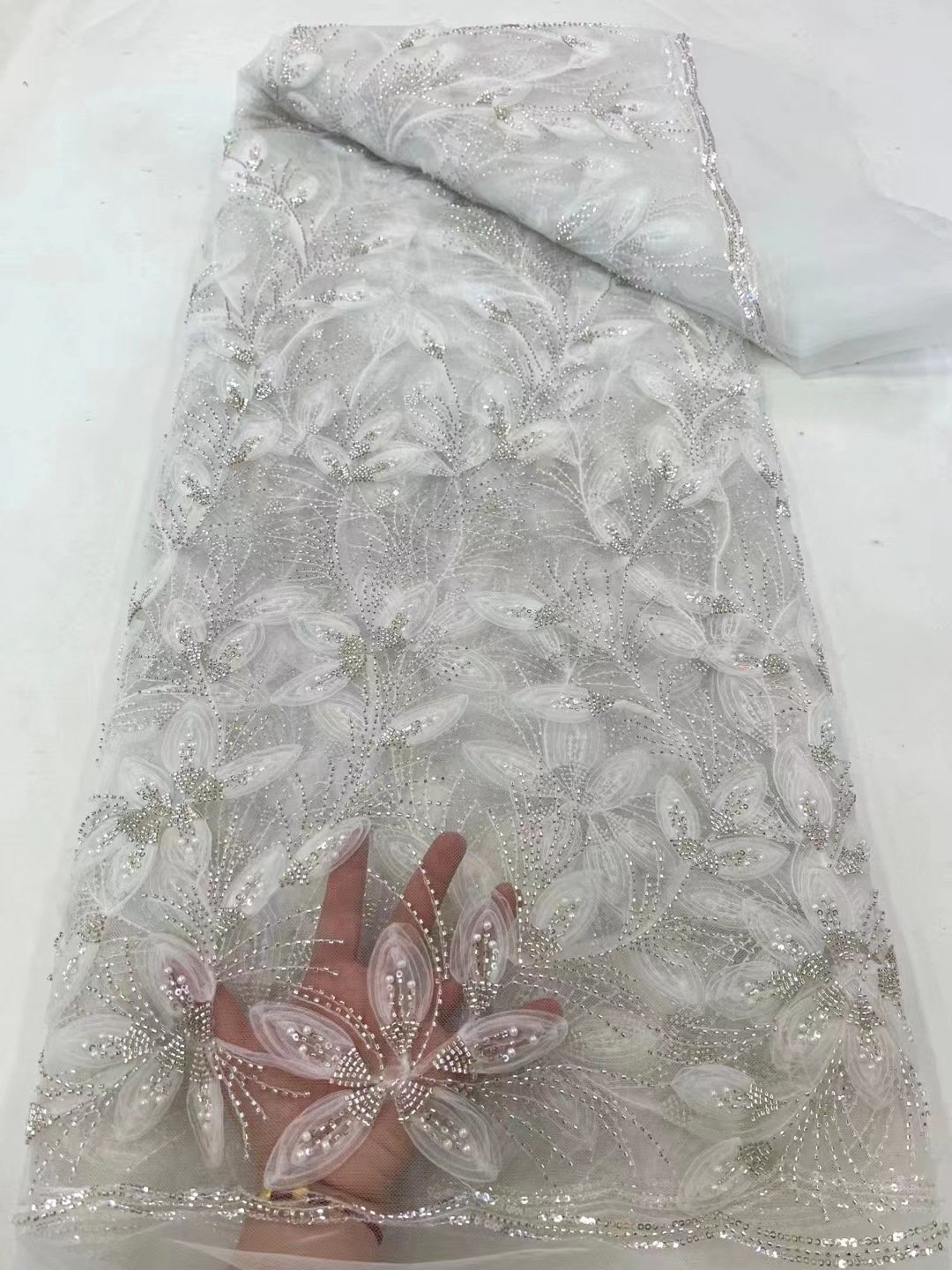 Ribbon Flower Beaded Tulle Lace Fabric Cocktail Party Occasion Evening Dress Embroidered Cloth Lace - Image 3