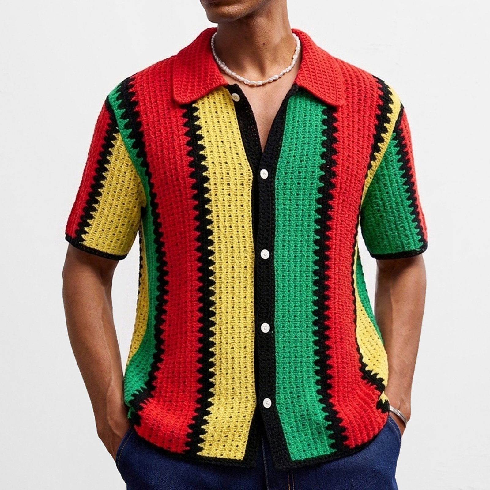 Summer Contrasting-Color Striped Hollow-Out Knit Top - Image 5