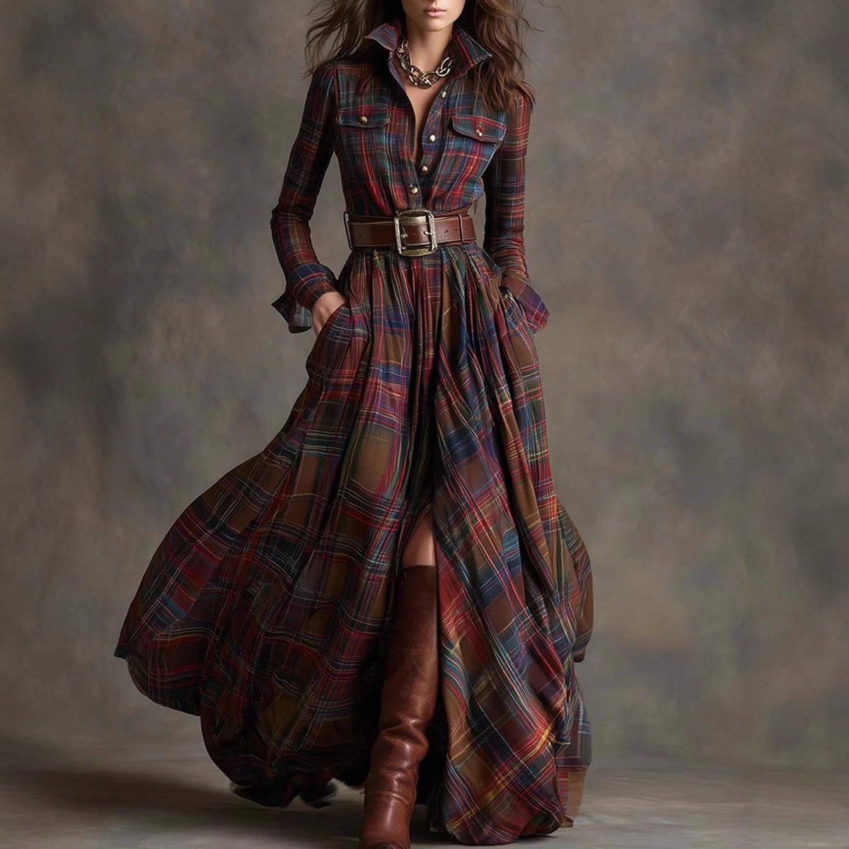 Ins Plaid Print Long-Sleeved Dress Fashion Pockets Collared Buttons Shirt Long Dresses Retro Women's Clothing - Image 6
