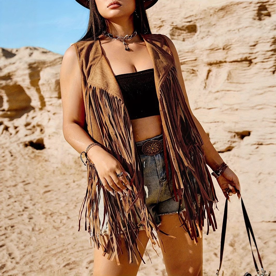 Women's Retro Tassel Sleeveless Lapel Jacket - Image 5