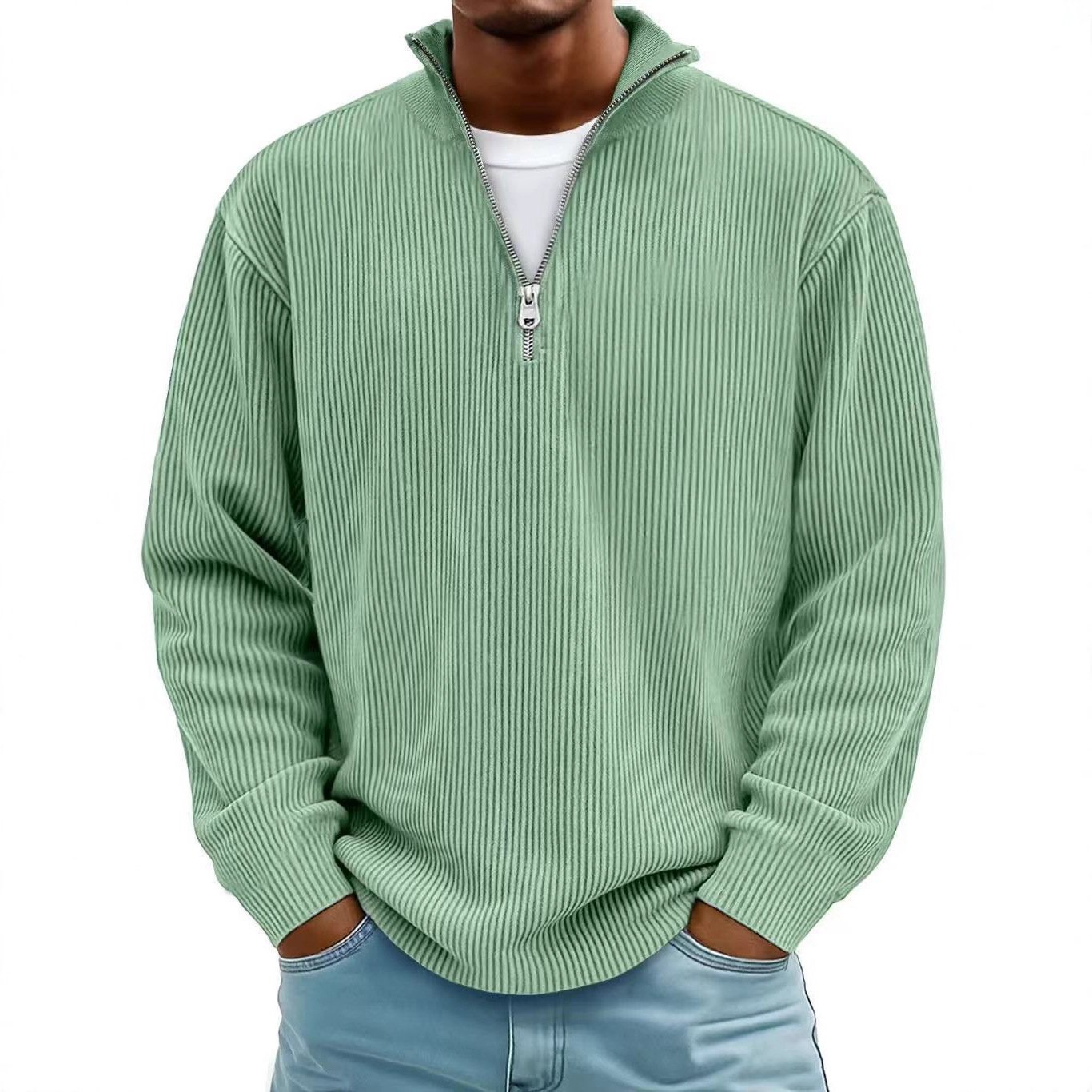 Corduroy Zipper Stand Collar Sweatshirt Fashion Warm Solid Color Long Sleeve Top Men's Casual Polo Shirt Clothing - Image 5