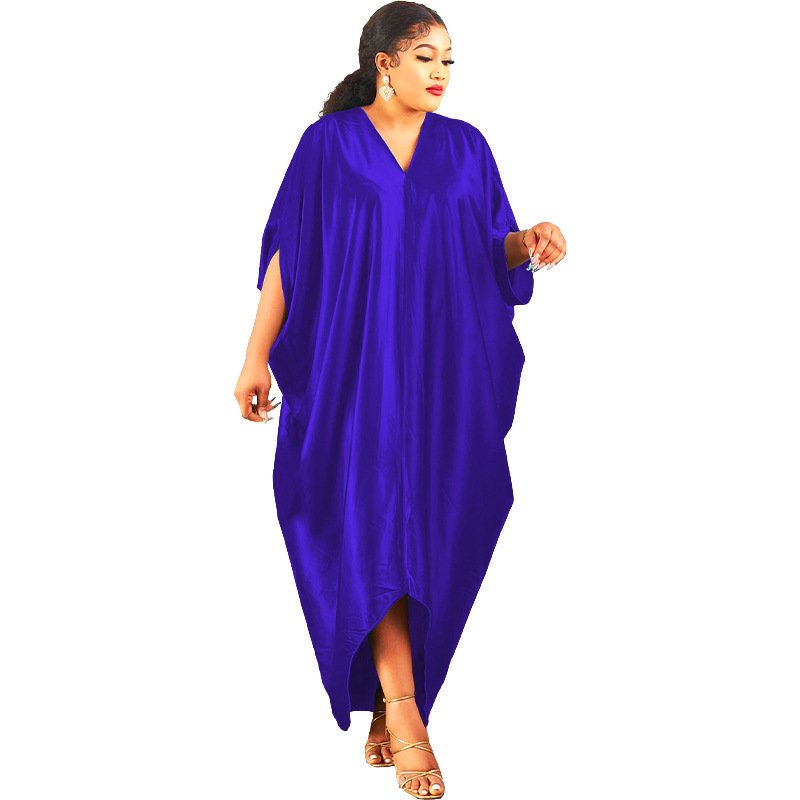 Plus Size Muslim Women's Solid Color V Neck Dress - Image 4
