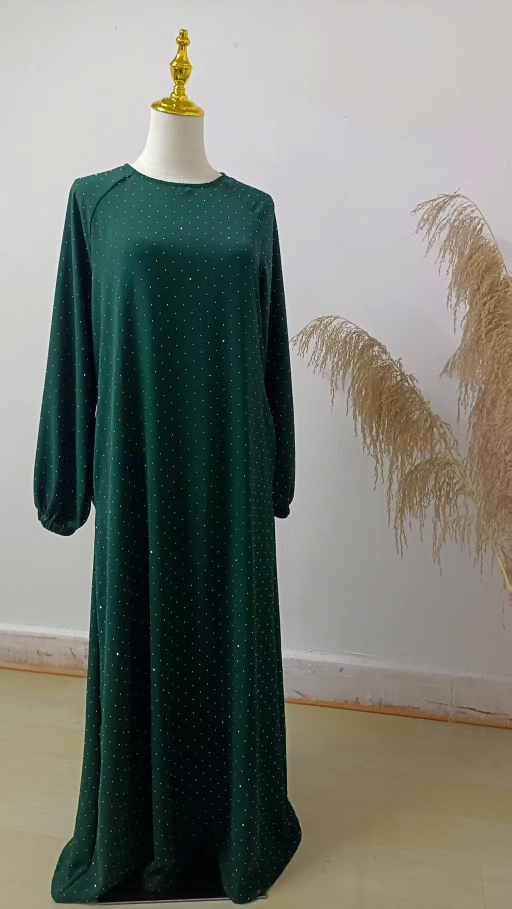 Muslim Rhinestone Dubai Round Neck Pullover Belt Dress - Image 8