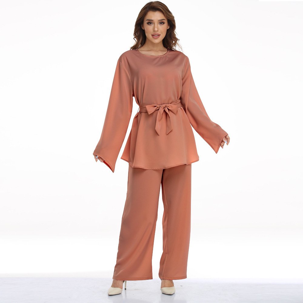 European And American Plus Size Women's Clothes Muslim Robe Lace-up Dress Two-piece Set - Image 6