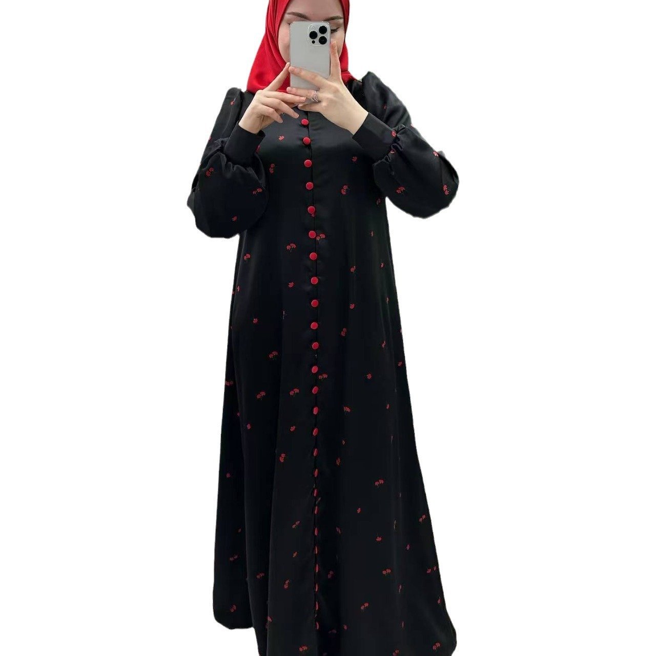 Muslim Style Short Sleeve Print Belt Women's Clothing Dress - Image 5