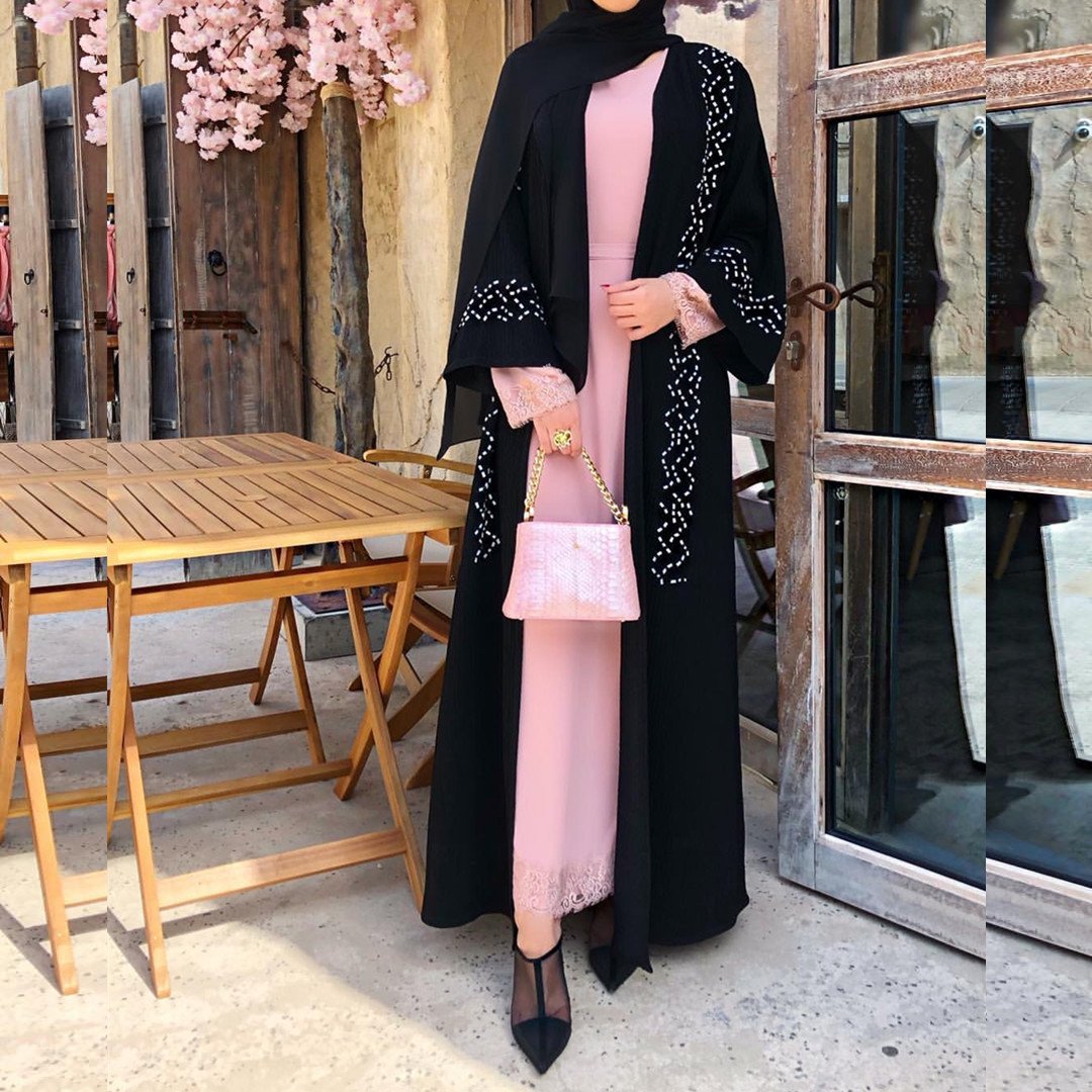 Muslim Solid Color Beaded Middle Eastern Robe Dress - Image 2