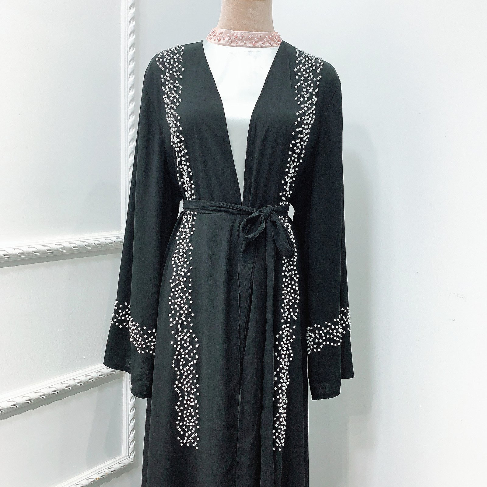 Muslim Solid Color Beaded Middle Eastern Robe Dress - Image 5