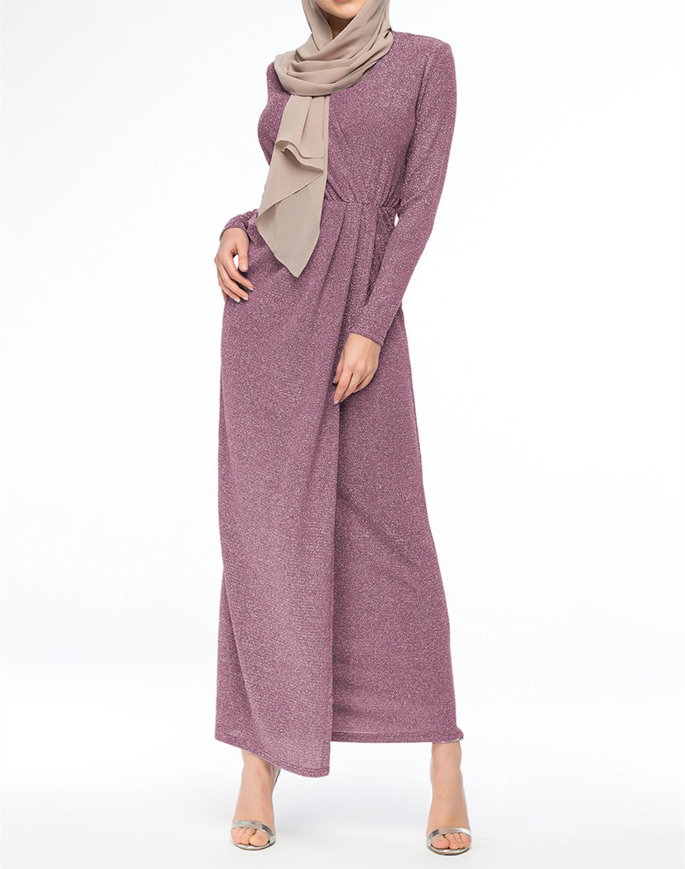 European And American Pure Color Muslim Crystal Stretch Glitter Knit Dress - Image 4