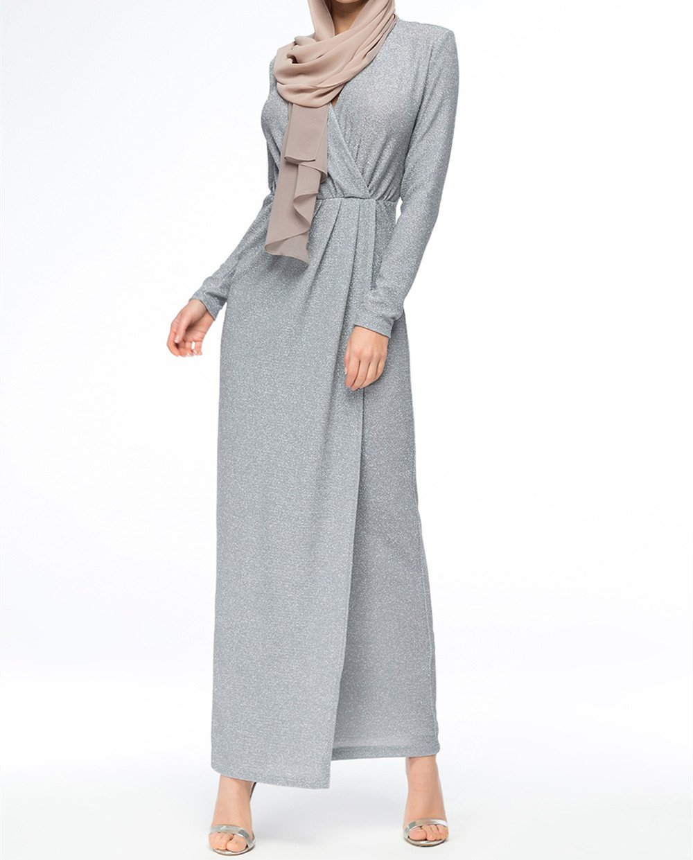 European And American Pure Color Muslim Crystal Stretch Glitter Knit Dress - Image 5